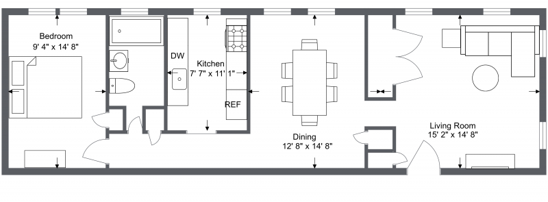 Floor plan layout diagram for Palmetto 1 Bedroom 1 Bath J